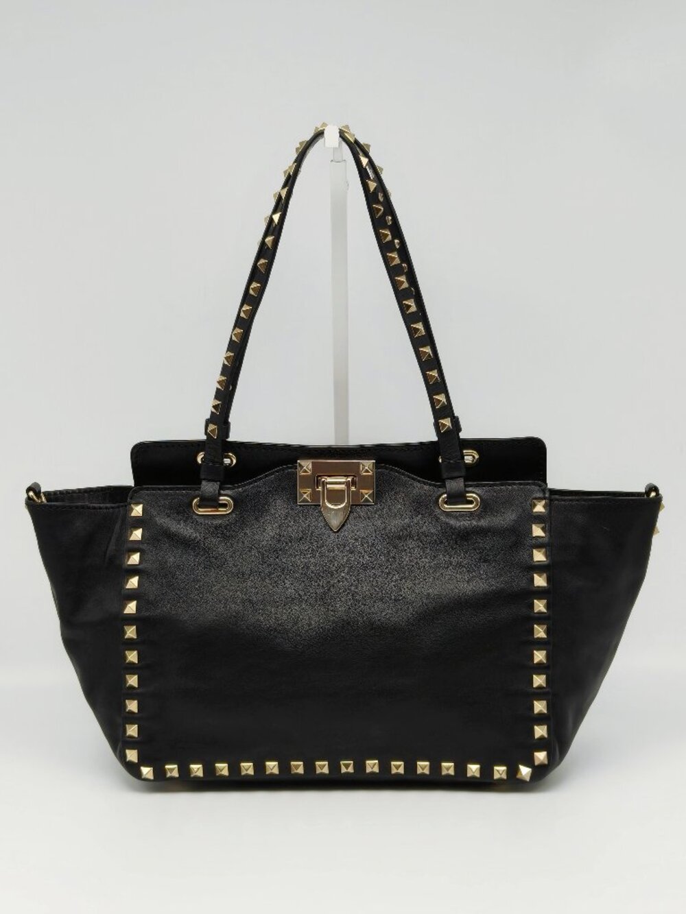 Valentino Garavani Rockstud Black Leather Tote Bag Gold Studded Shoulder